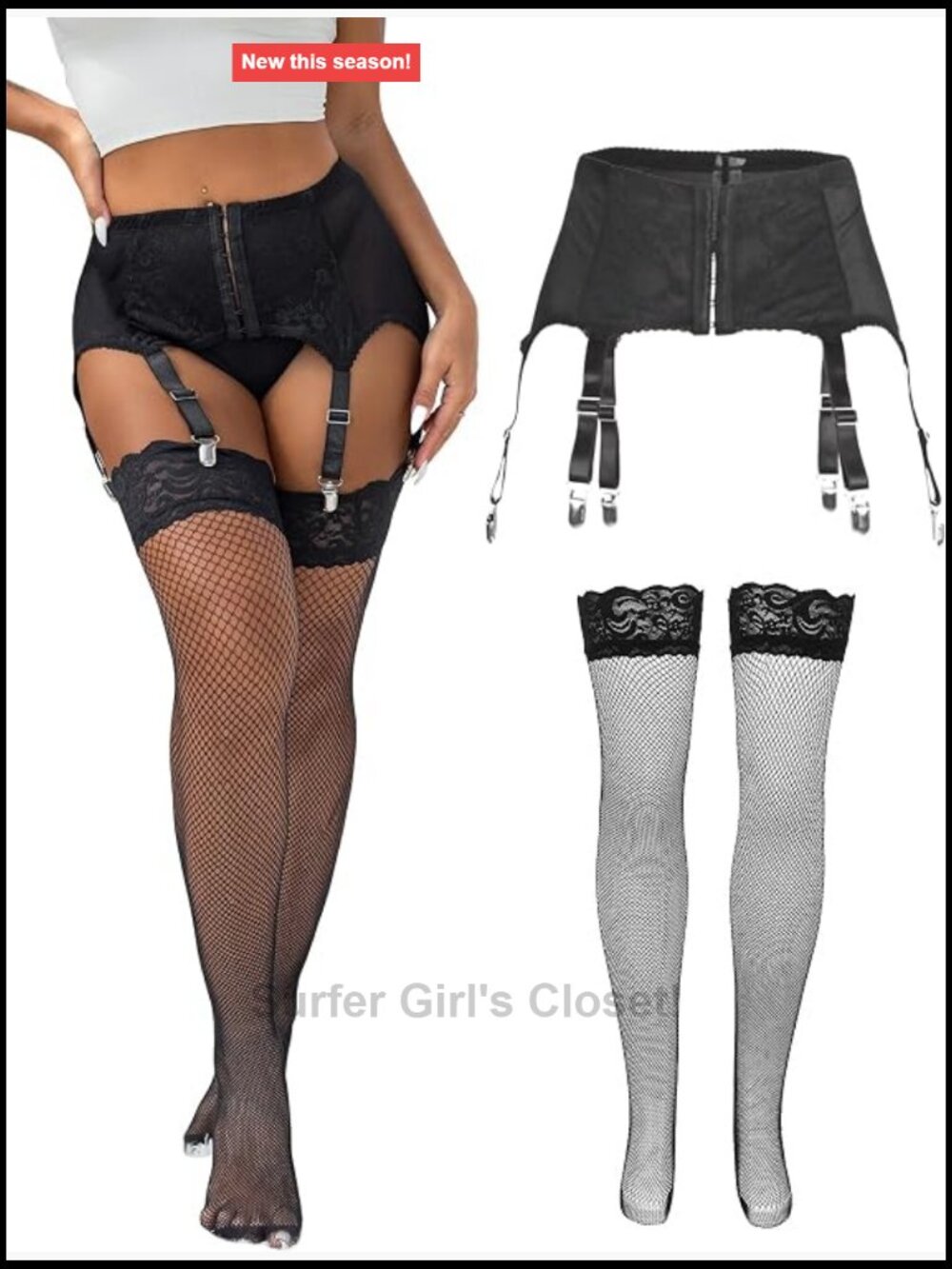 High Waisted Garter Belt with 6 Adjustable Straps, Thigh High Stockings Set